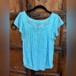 Draper James Light Blue Leaf Print Blouse